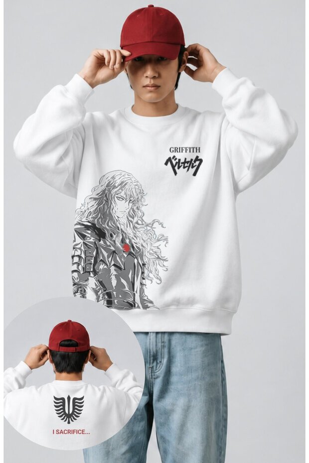 Unisex Oversize Berserk Griffith Ense Printed Anime Themed Hoodless Sweatshirt