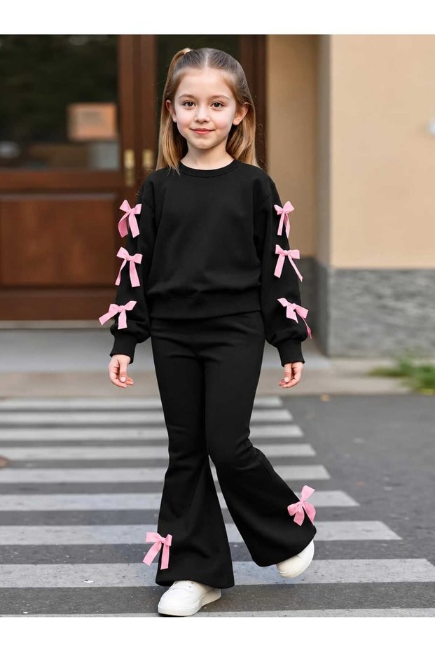 Girl's Double Set with Bow Detail (Sweatshirt and Wide-Legged Pants)