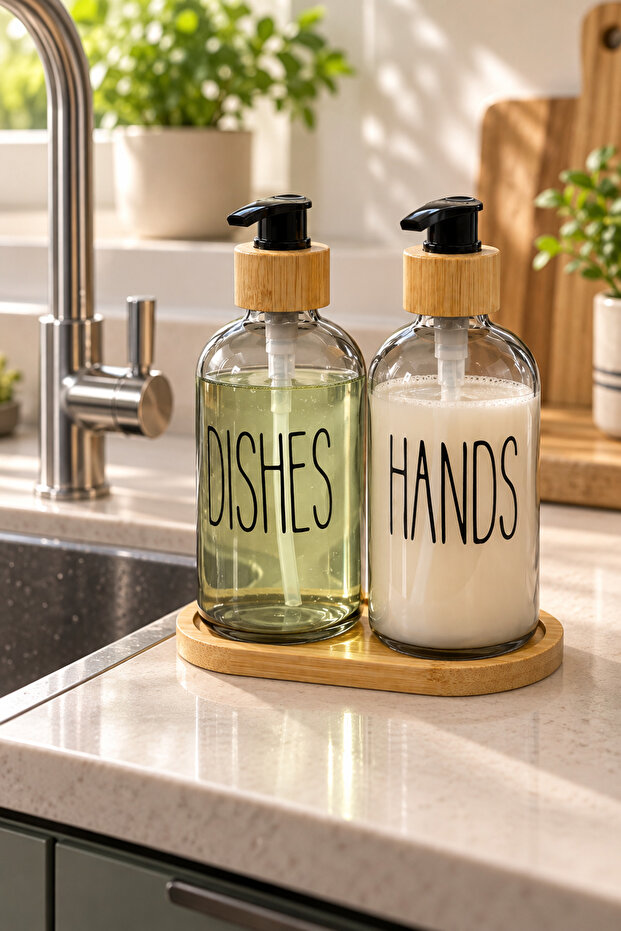 Set of 2 Glass Pump Soap Dispensers 2X500 ml – Dishes & Hands Written, Bamboo Look, with Tray