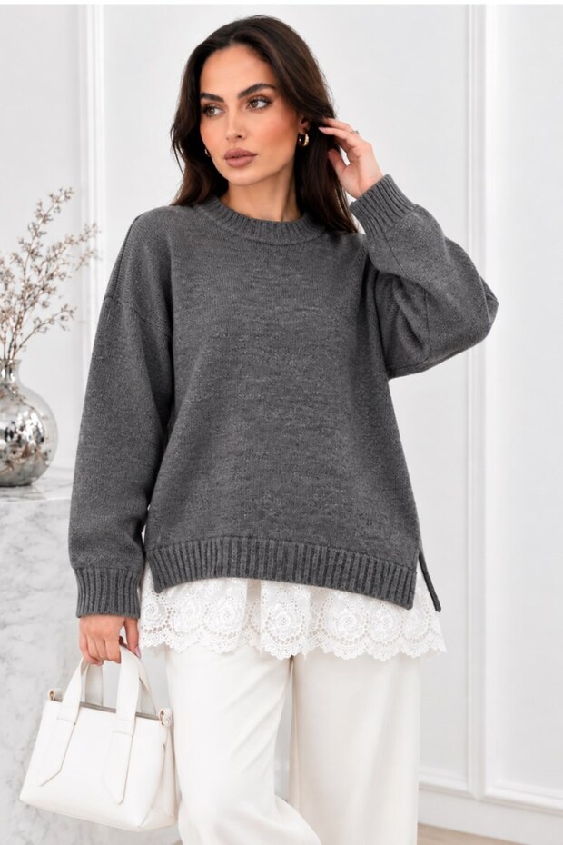 Women's Knitwear Sweater Oversize Drop Shoulder Lace Detailed Long Sleeve Crew Neck Ribbed Knitted Sweater