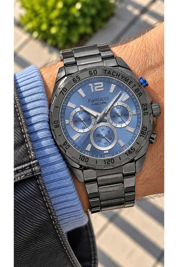 Smoked Steel Cord Blue Dial, Functional Men's Wristwatch in Stylish Box