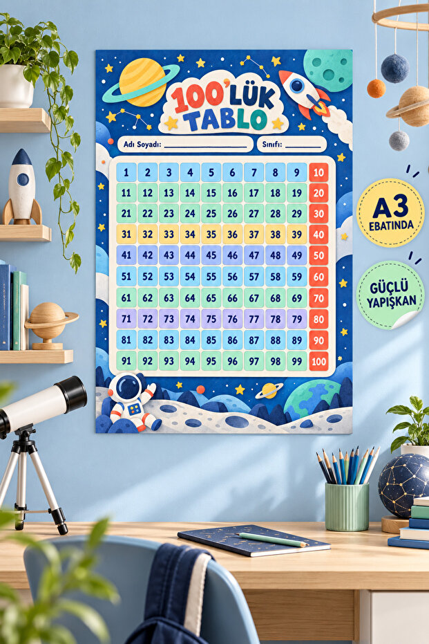 100 Number Chart A3 Size Children's Turkish Educational Sticker Poster 29X42 cm Water Resistant Child Themed
