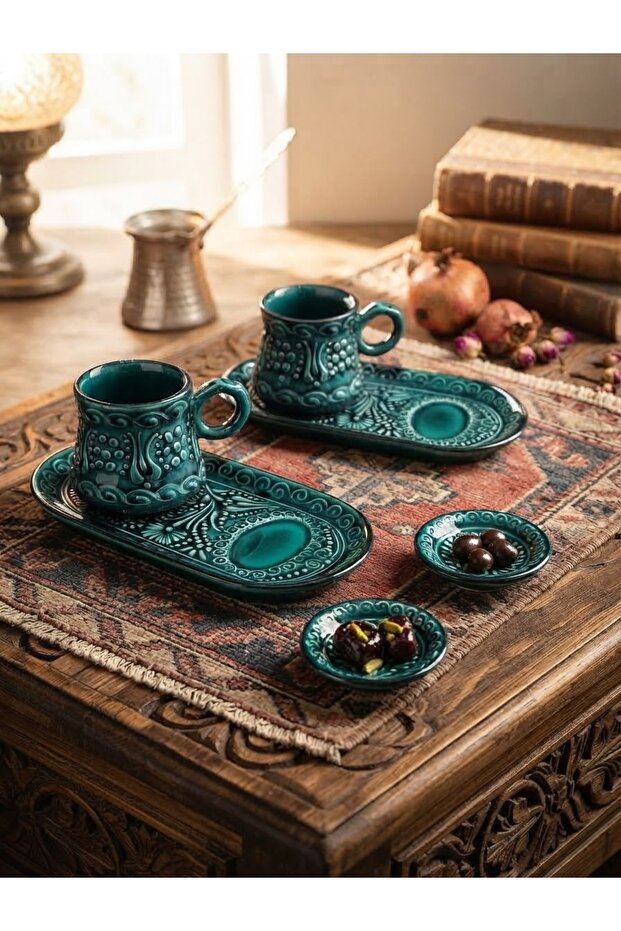 2-Person Tile Patterned Turkish Coffee Cup Set