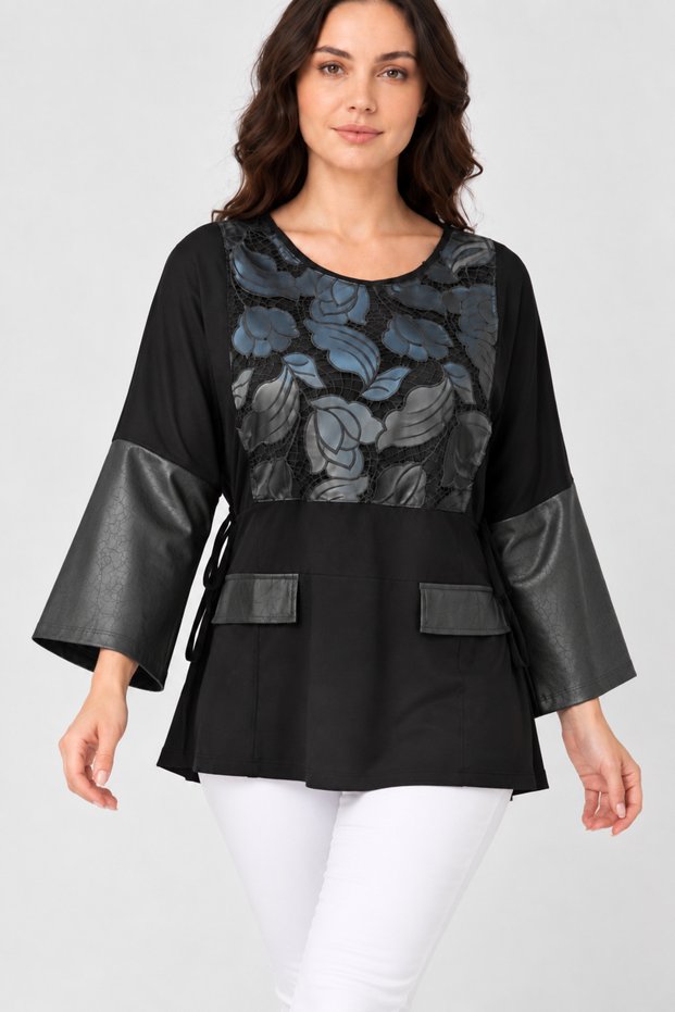 Women's Black Belted Leather Detailed Tunic
