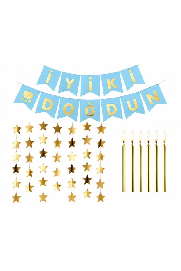 Blue Gold Happy Birthday Decoration Set – 4 Meter Star Pendant and 6-Piece Long Gold Cake Candles