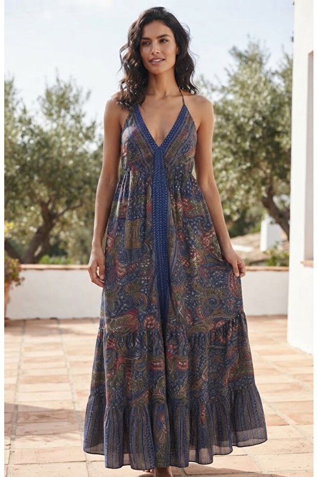 Women's Indian Ethnic Authentic Gilded Detailed Strap Silk Dress