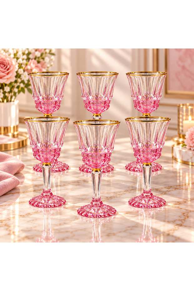 Set of 6 Glass Coffee Water Glasses with Footed Base 75 ml Gold Gilded Amber Yellow/Pink/Blue Liquor Glass Presentation Glass Set