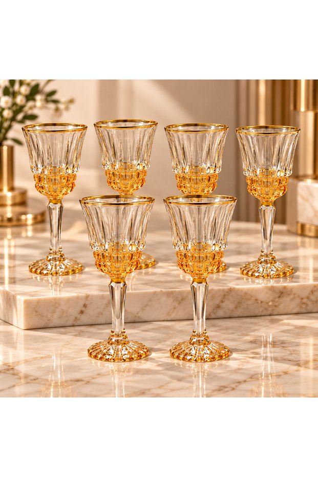Set of 6 Glass Coffee Water Glasses with Footed Base 75 ml Gold Gilded Amber Yellow/Pink/Blue Liquor Glass Presentation Glass Set