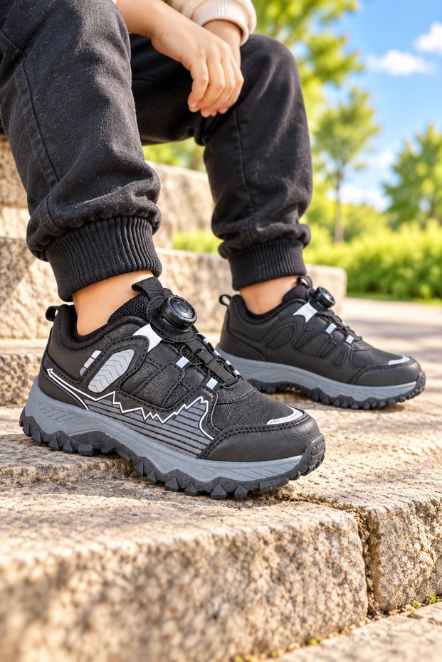 Children's Black Smart Lace-Up Thick Sole Outdoor Casual Sports Shoes