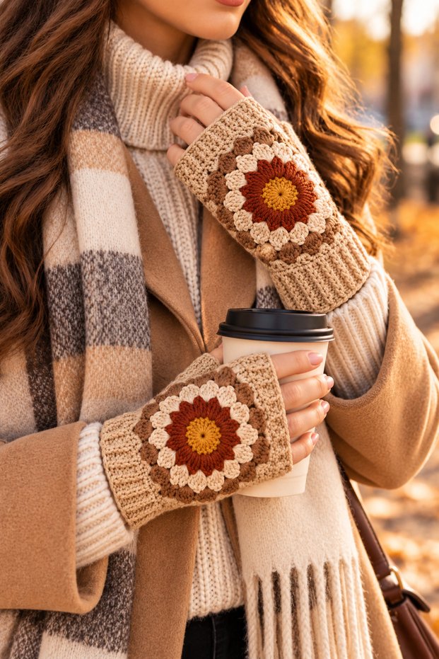 Women's Fingerless Knitted Gloves Cream Beige Brown Floral Motif Handmade Winter Gloves