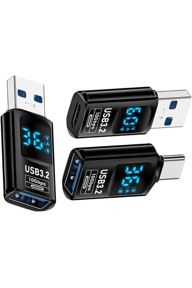 محول USB-C إلى USB 3.2 من النوع A مع مقياس طاقة رقمي ذكي LED، سرعة نقل بيانات عالية تصل إلى 10 جيجابت في الثانية، عبوة من 3 قطع