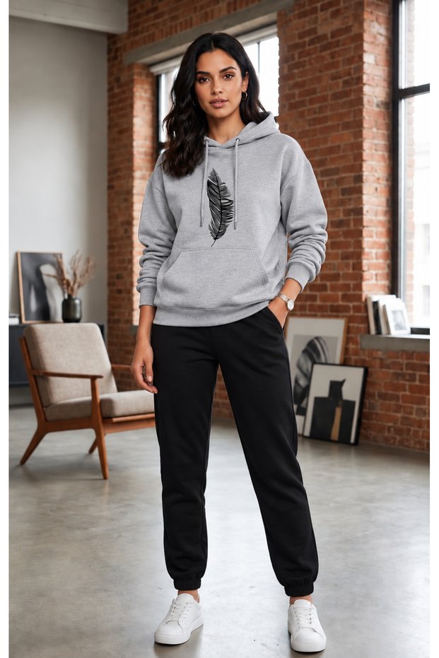 Hooded Tracksuit 2-Piece Combination Winter Sharp Feather Printed Women's / Girls' Model