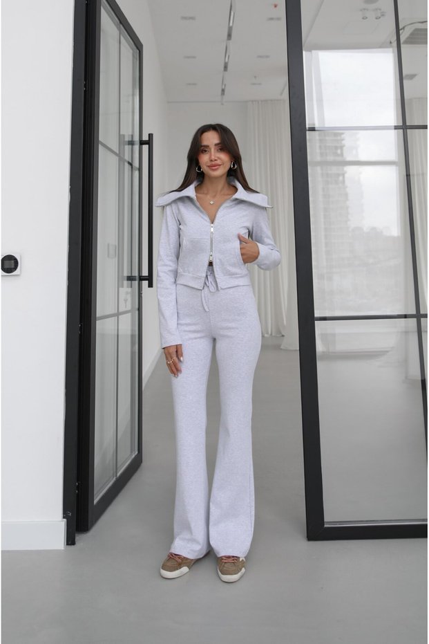 Gray Zipper Wide Collar Double Zipper Tracksuit Set