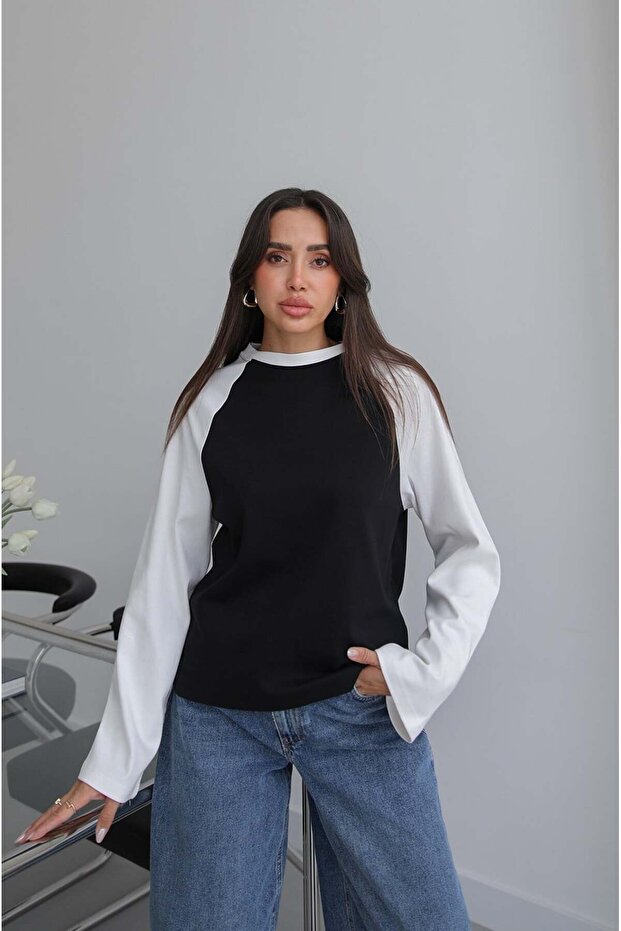 White Black Raglan Sleeve Sweatshirt