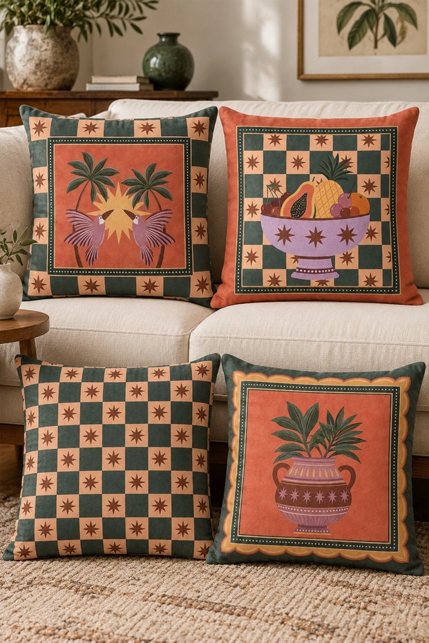 Set of 4 Patterned Fruit in Bowl Cushion Covers
