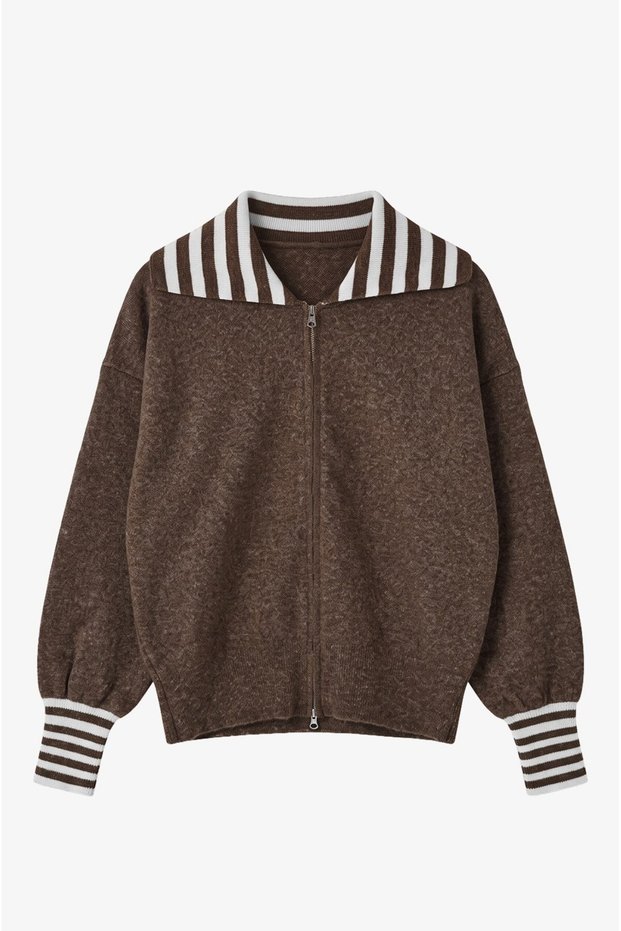 Brown Turn-Down Collar Cardigan with Stripe Detail