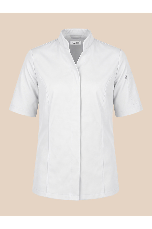 Women's Slim Fit Short Sleeve Hidden Placket Chef Jacket - V-Neck Chef Jacket - White / Black - Name Embroidery Gift