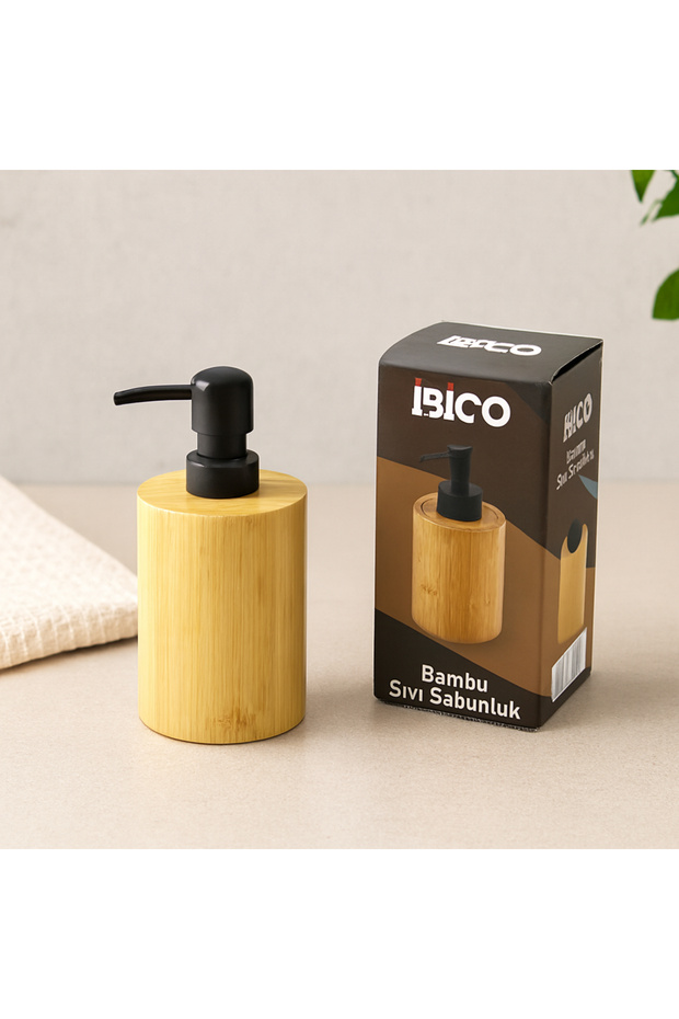 Round Bamboo Liquid Soap Dispenser (Ø7.8 × H10.8 cm) - Black Pump