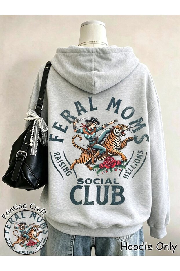Gray Feral Moms Sweatshirt - Printed Oversize Hooded Sweatshirt