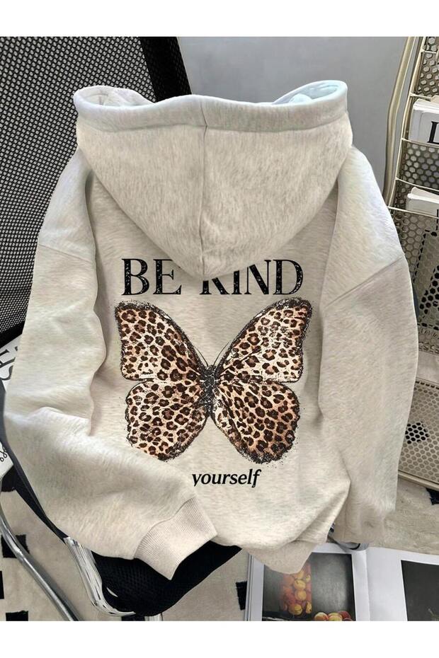 Gray Be Kind Leopard Kebel Sweatshirt - Printed Oversize Hooded Sweatshirt