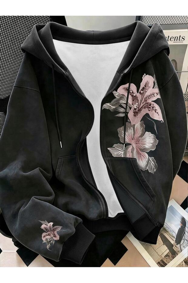 Floral Patterned Sweatshirt Zip-Up Cardigan - Printed Oversized Winter Hoodie with Pockets