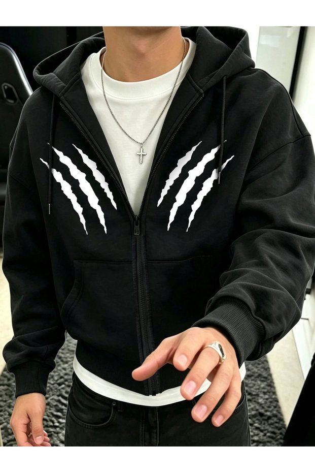 Peneçe Pattern Sweatshirt Zippered Cardigan - Printed Oversized Winter Hoodie with Pockets