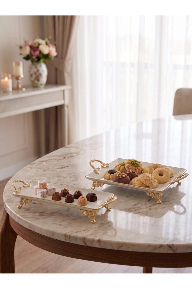 Luxurious Gold Detailed 2-Piece Porcelain Serving Set - Rectangular Serving Tray with Handles & Square Cookie and Chocolate Holder