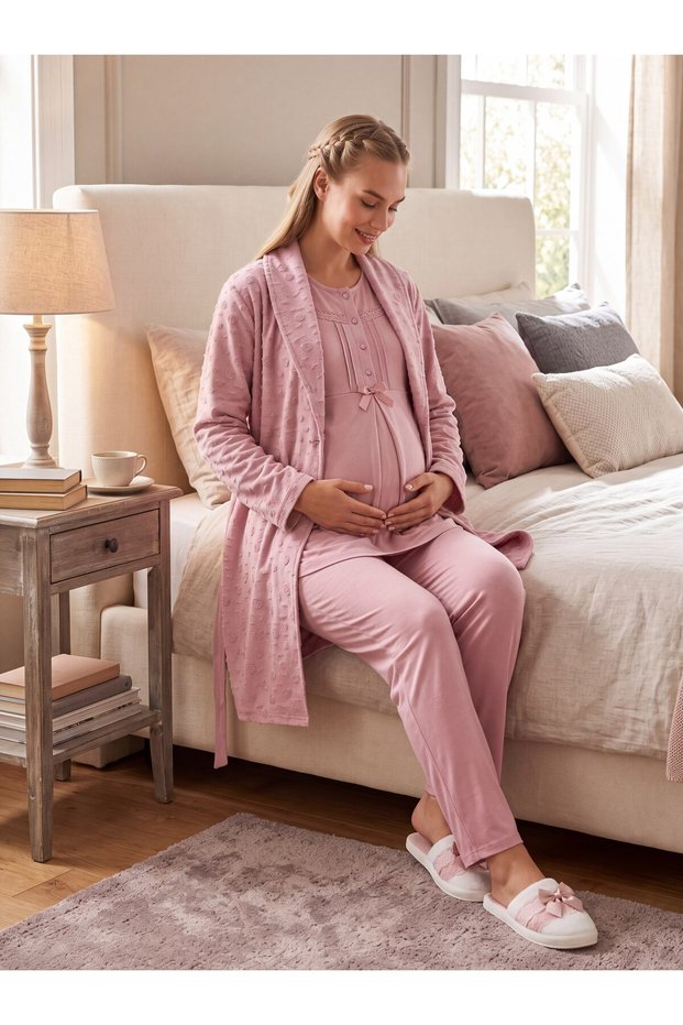 New Season Powder Jacquard Shawl Collar 100% Cotton Winter Long Sleeve Special Design Maternity Pajama Set with Breastfeeding Feature