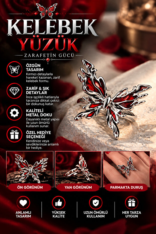 Butterfly Ring – Silver Color Elegant Ring with Red Stone Detail