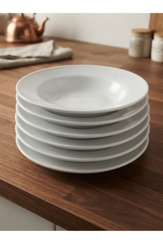 6 Pieces Polycarbonate White Classic Deep Soup Plate Ø 21 cm Melamine