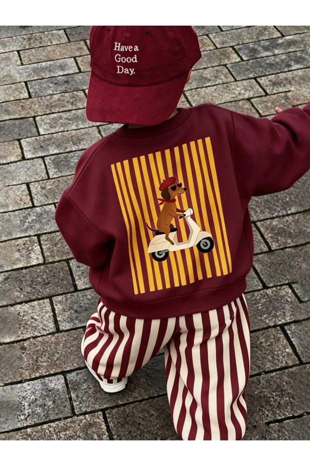 100% Cotton Burgundy Sweatshirt Striped 2-Piece Baby Boy & Kids Set