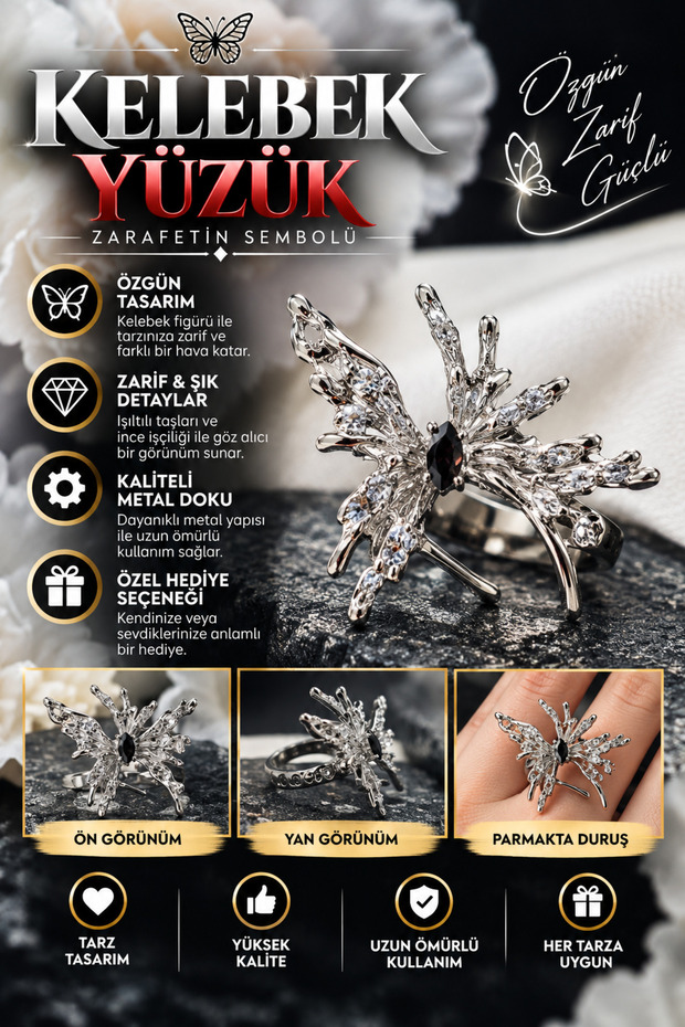 Butterfly Ring – Silver Color Elegant Ring with Red Stone Detail