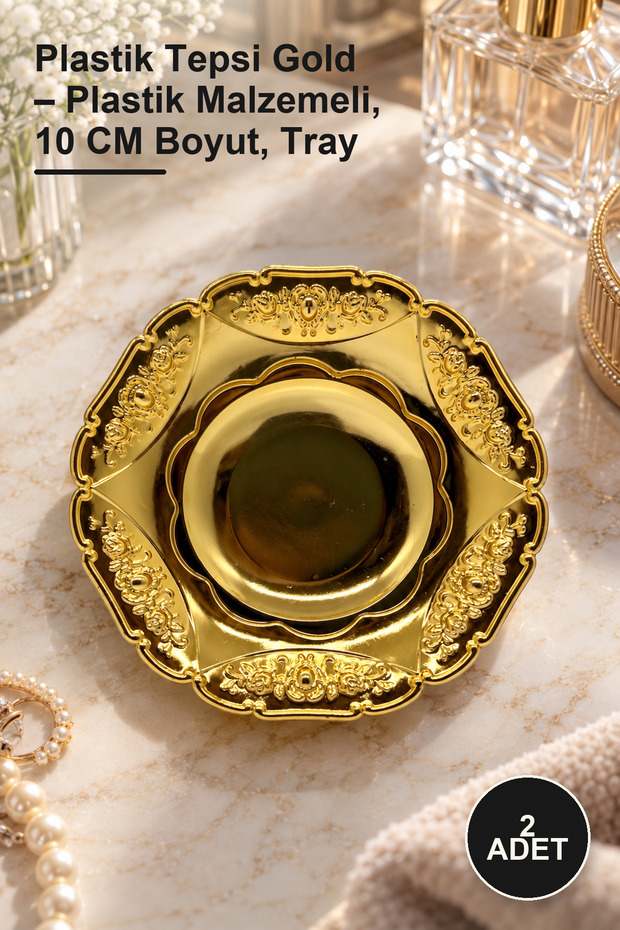 2 Pieces of Plastic Tray Gold – Made of Plastic Material, 10 cm Size, Tray