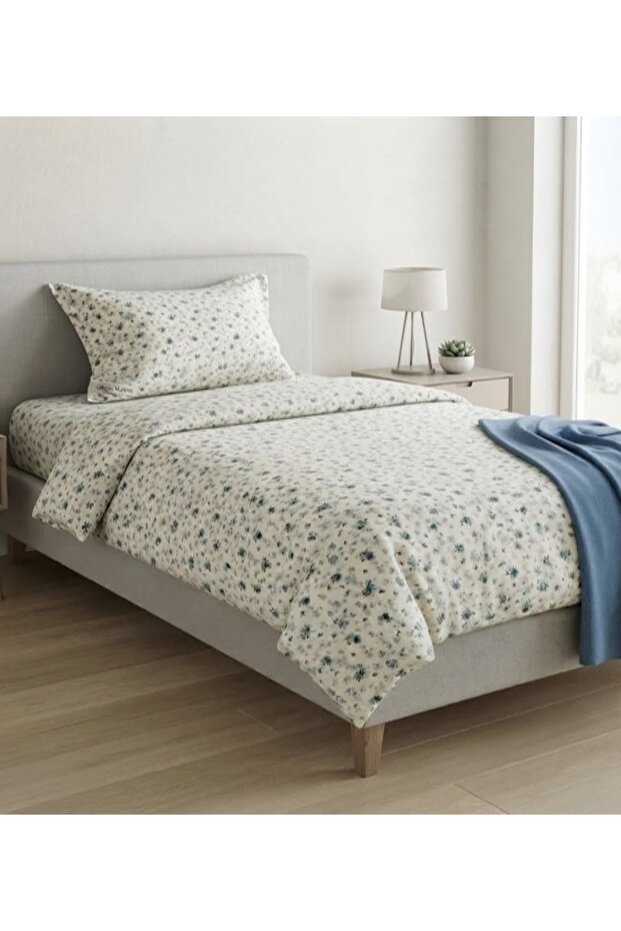 Ranforce Cotton Fabric Single Bedding Set / Blue Green Flowers 160 X 200