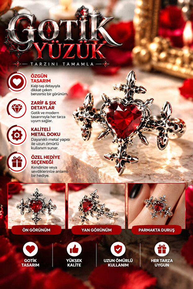 Gothic Heart Red Stone Ring