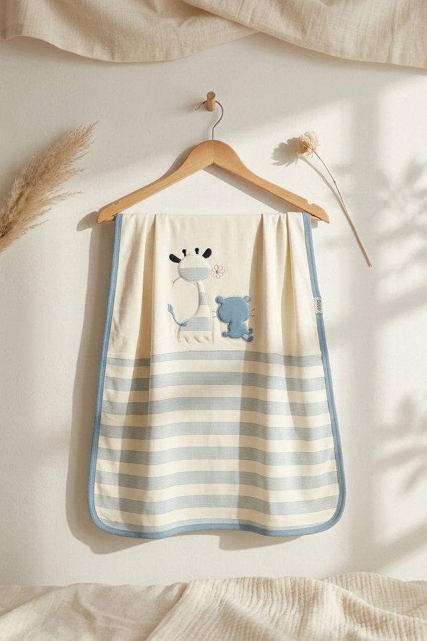 Lumi Soft 100% Cotton Blue Giraffe Embroidered Interlock Baby Blanket - Soft Textured Premium Baby Blanket