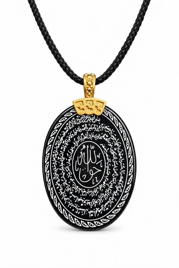 Black Agate Stone Oval Pendant with the Seal of Na'L-I Şerif Hakkani Written on It, Unisex