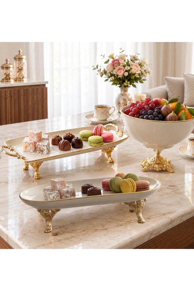 3-Piece Porcelain Living Room & Coffee Table Set - Gondola Fruit Bowl on Stand, Cake Stand, and Rectangular Tray with Handle