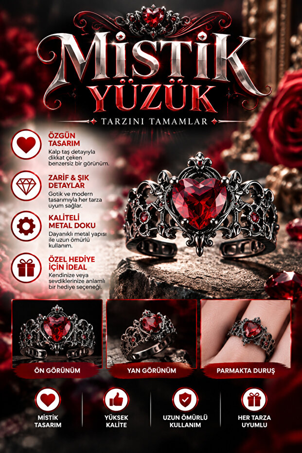 Mystical Heart Unisex Ring with Red Stone Gothic Design