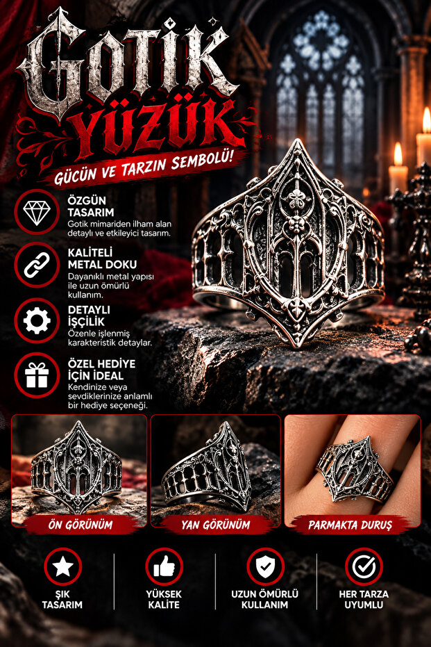 Gothic Architecture Unisex Ring Embossed Metal Design