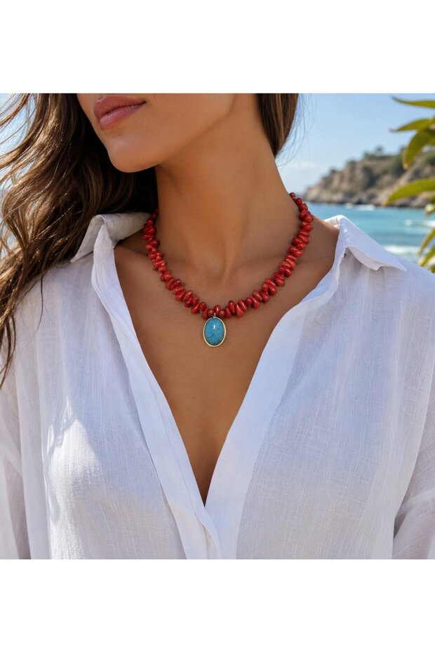 Coral Natural Drop Coral Turquoise Necklace