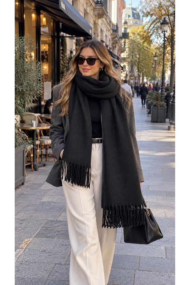 Black Soft Textured Tasseled Thick Women's Shawl 75X180 cm