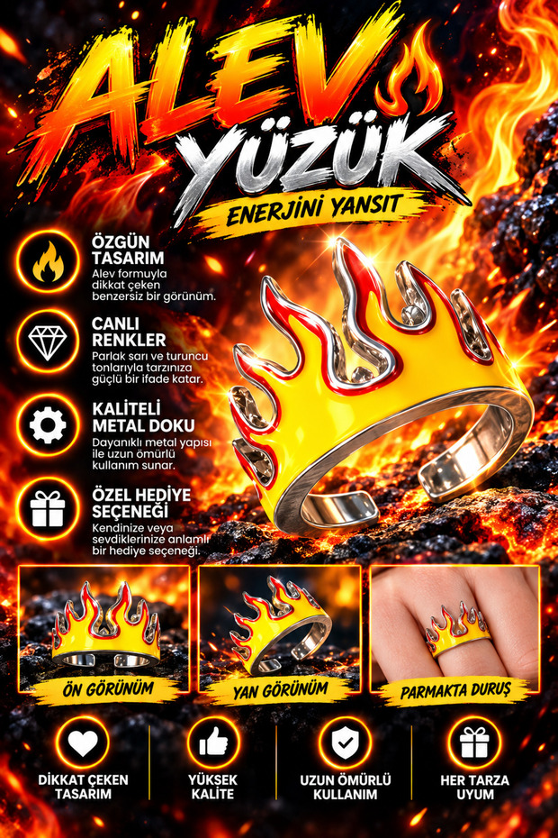 Flame Design Unisex Ring – Yellow Orange Fire Pattern Model