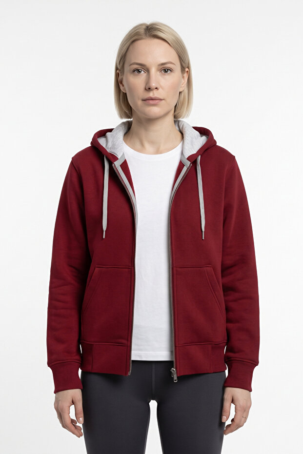 Women's Olivia Winter Three-Thread Ribbed Hooded Cotton Sweat Coat Dark Red