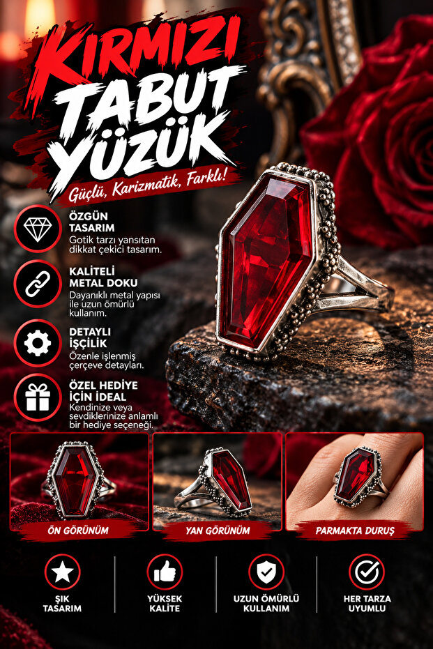 Red Coffin Unisex Ring – Gothic Stoned Metal Design