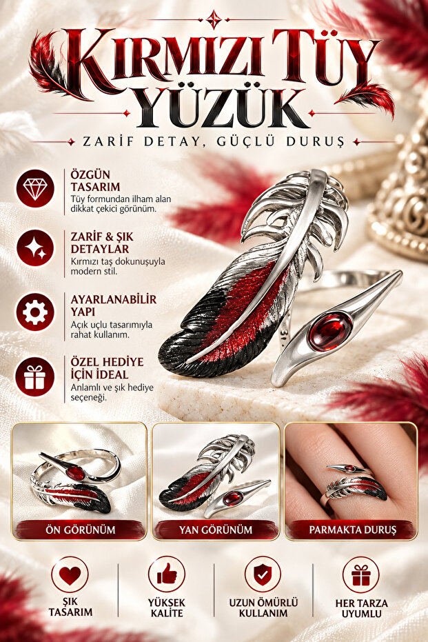 Red Feather Unisex Ring – Adjustable Metal Design