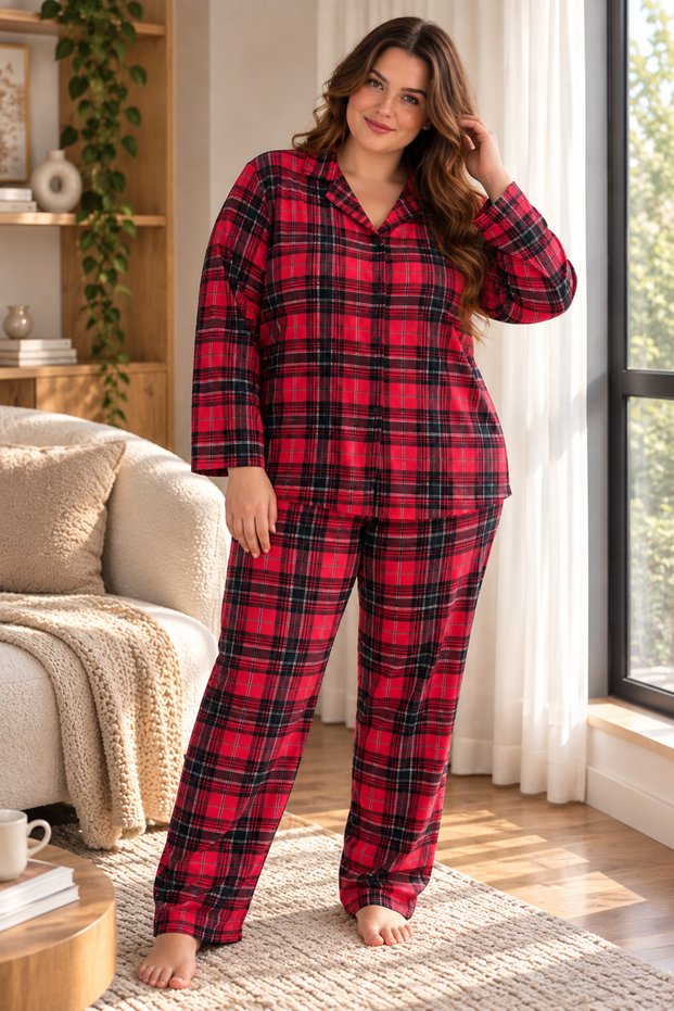 Women's Plus Size Suede Buttoned Plaid Pajama Set