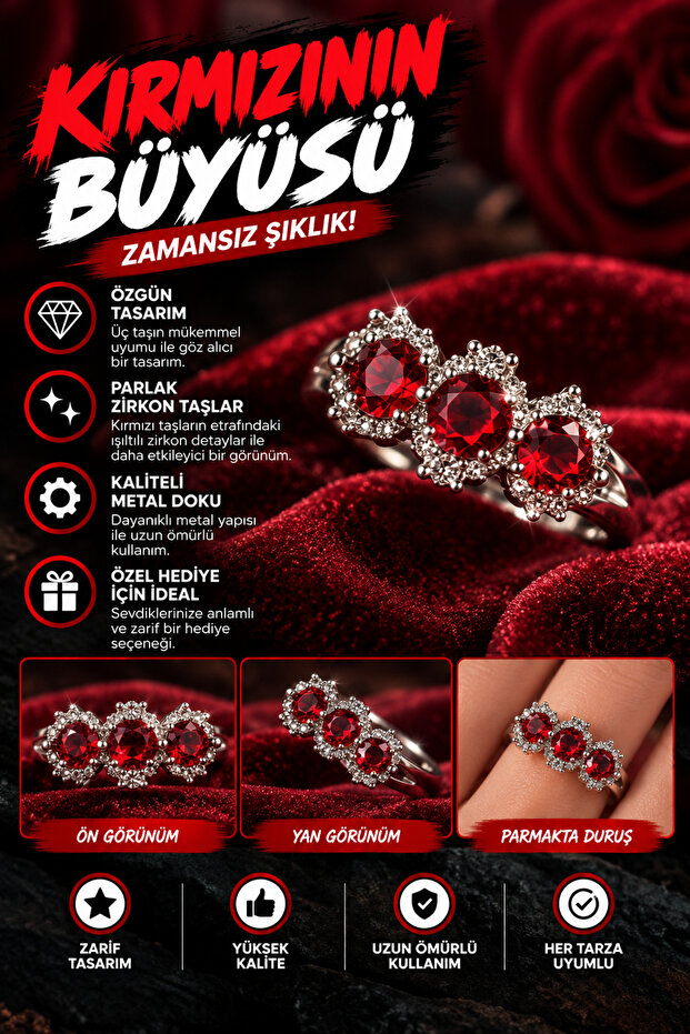 Red Three-Stone Zircon Ring – Elegant Metal Design