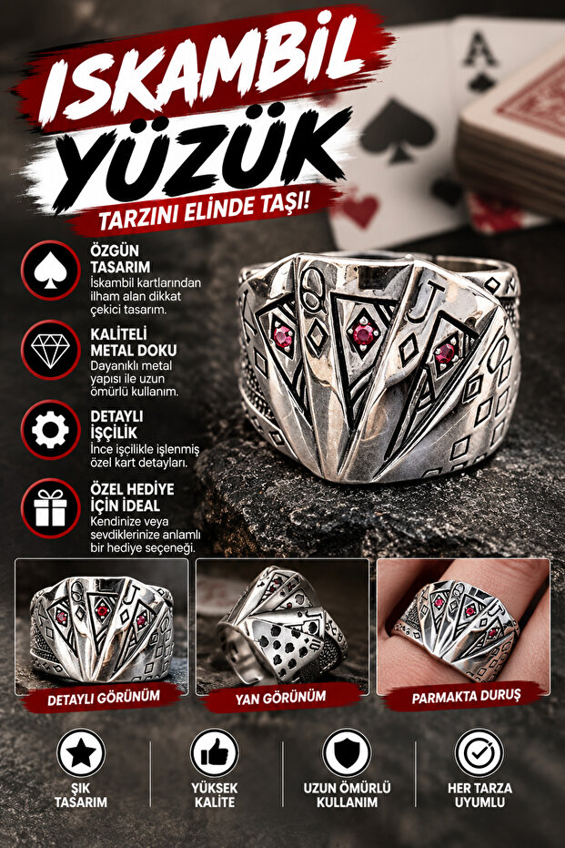 Playing Card Patterned Unisex Ring – Red Stone Detail