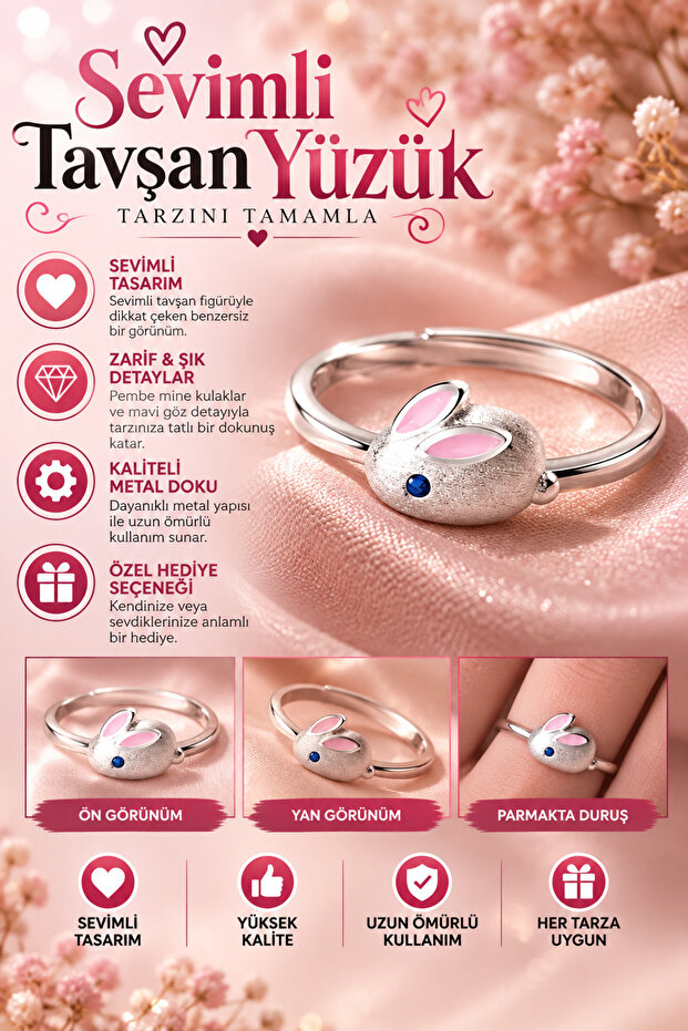 Adjustable Ring with Cute Rabbit Figure and Pink Ears